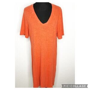 Eileen Fisher orange hemp organic cotton blend v neck midi dress size Large